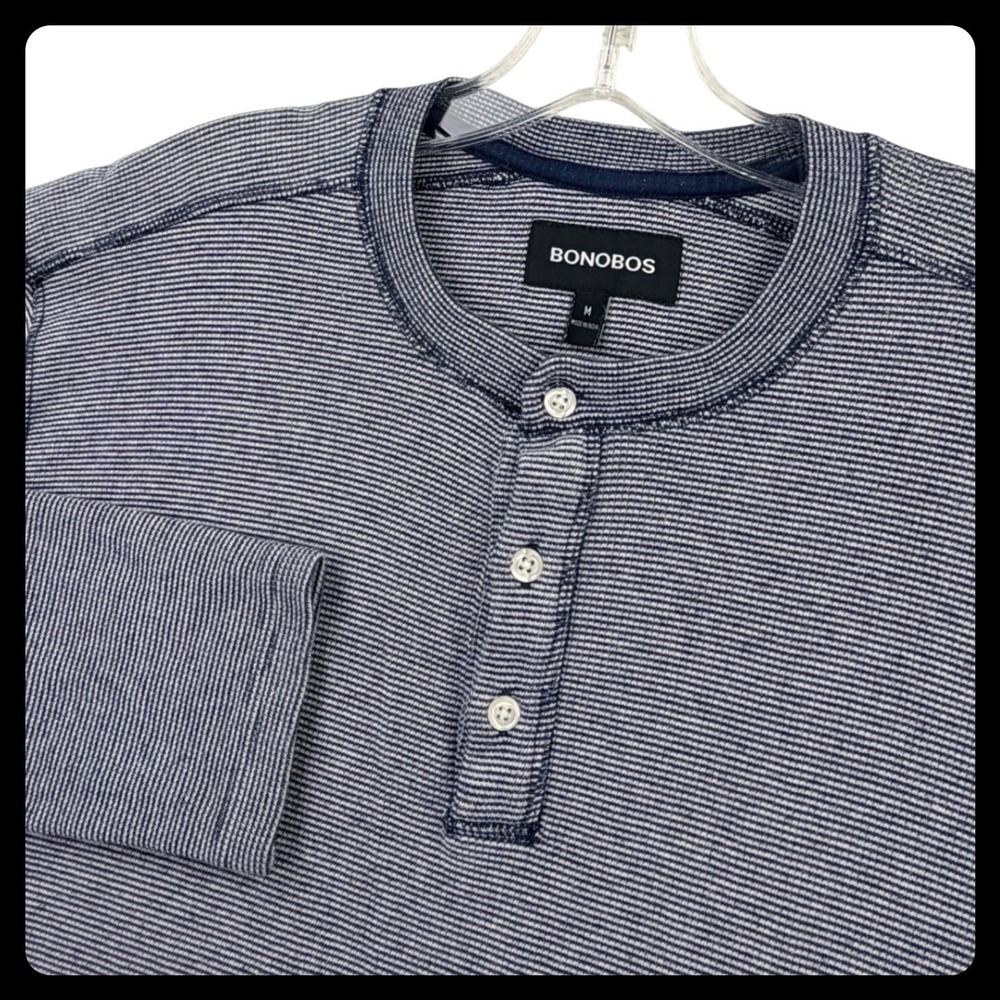Bonobos Henley Shirt Men Medium Blue White Micro Stripe Long Sleeve Pullover